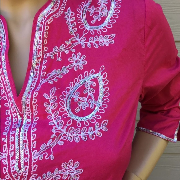 Chico's Silver Embroidered Pink Tunic 100% Cotton Made in India Size 1 = 8 - Picture 5 of 11